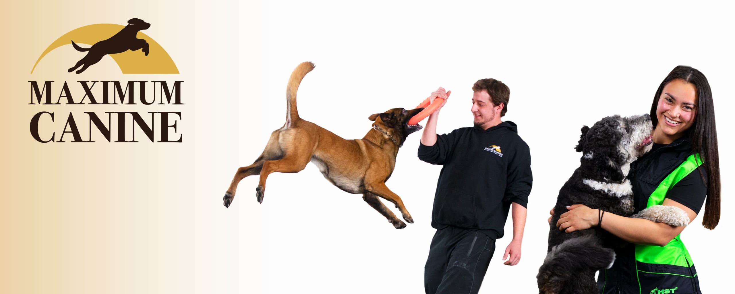 The Maximum Canine logo beside the training team: a Malinois leaping for a tug, a trainer in a Maximum Canine hoodie and a trainer hugging a doodle